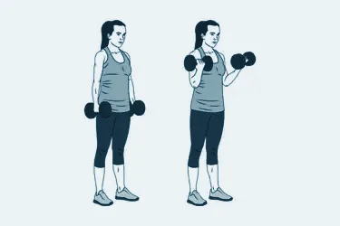 Ilustración de una mujer haciendo curl de bíceps con mancuernas