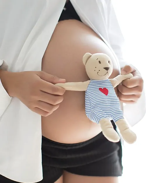 Mujer embarazada sujetando un osito de peluche junto a la barriga